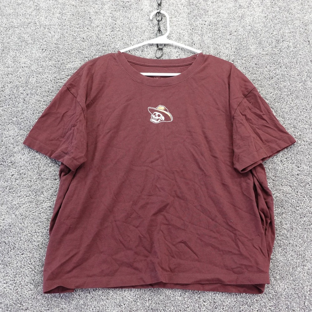 Life is Good Crusher T Shirt Womens Extra Large Maroon Skull Cowboy Hat Graphic